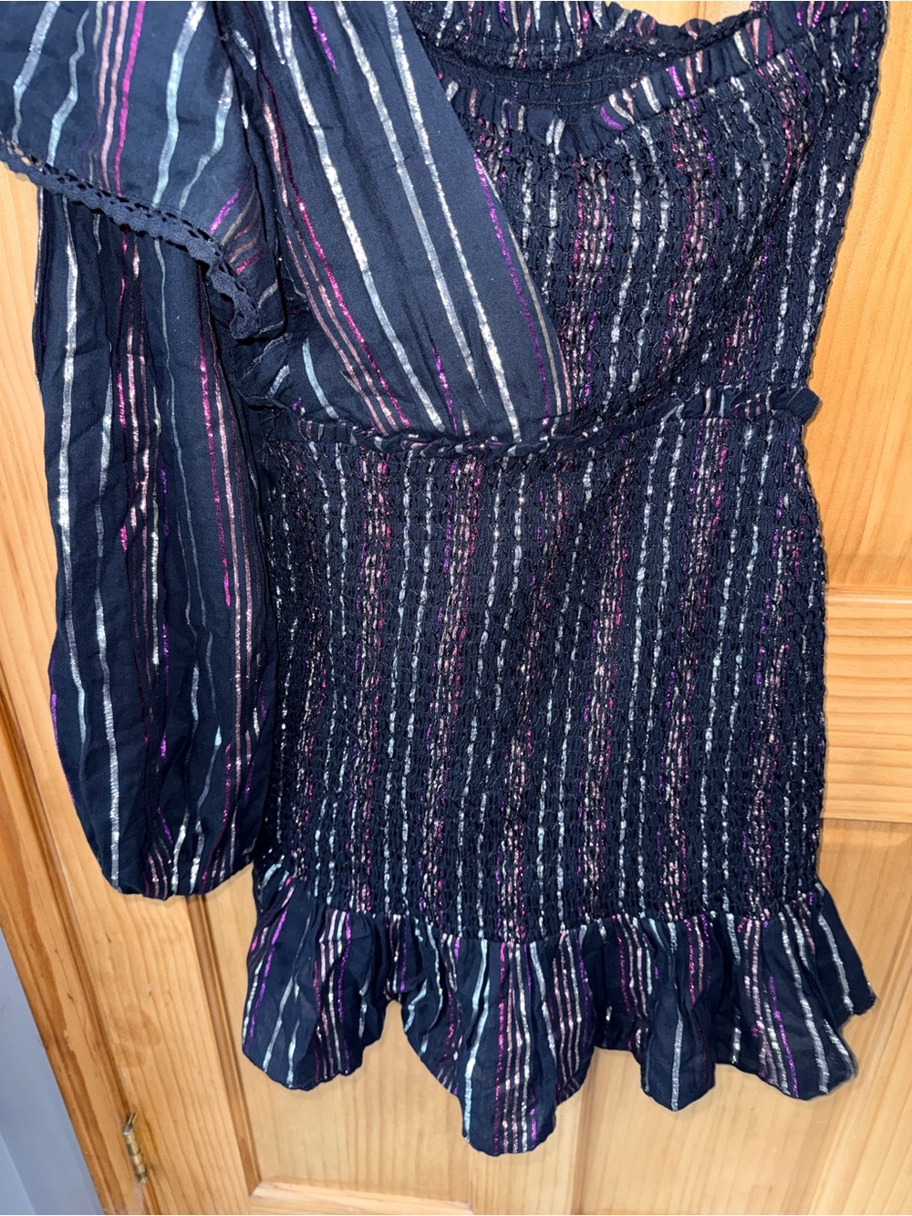 NWT FARM Rio Lurex Stripes Mini Dress w/one shoulder/ruffles/smocked bodice/-S - Picture 9 of 16
